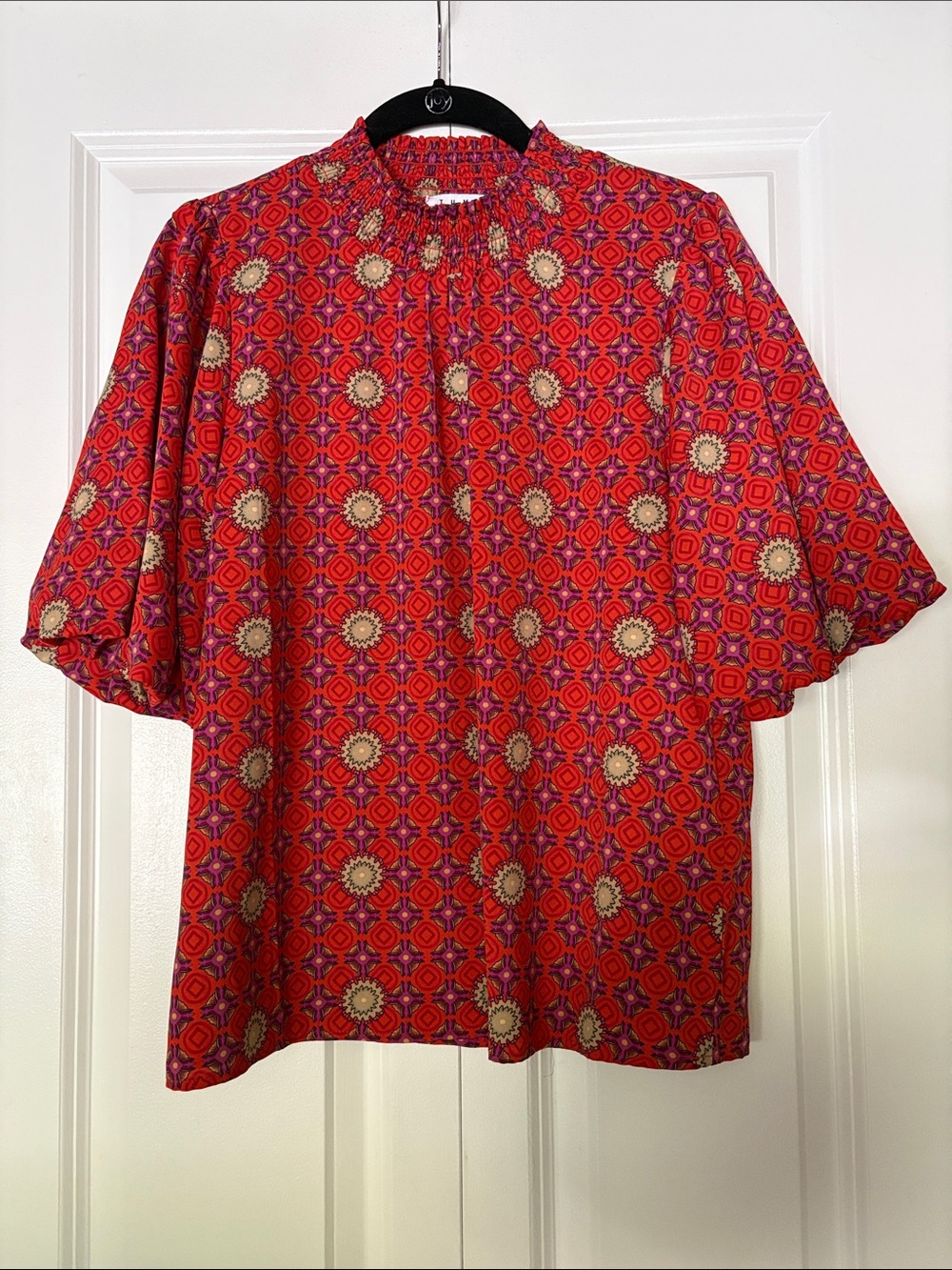 THML Red Patterned Blouse with Smocked Neck